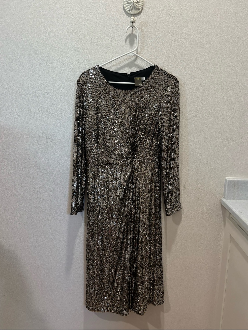 Tiffany Designs Long Sleeve Sequin Dress - Silver